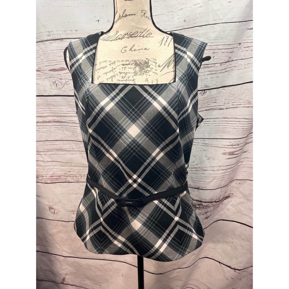 White House Black Market Plaid Peplum Top Sleeveless Square Neck Belted Gray 16